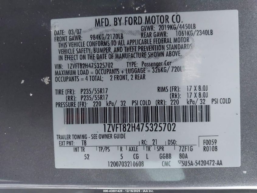 2007 Ford Mustang Gt Deluxe/Gt Premium VIN: 1ZVFT82H475325702 Lot: 43801428