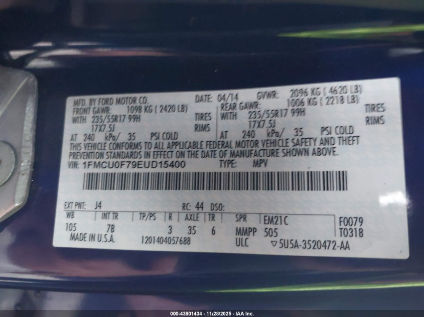 2014 Ford Escape S VIN: 1FMCU0F79EUD15400 Lot: 43801434