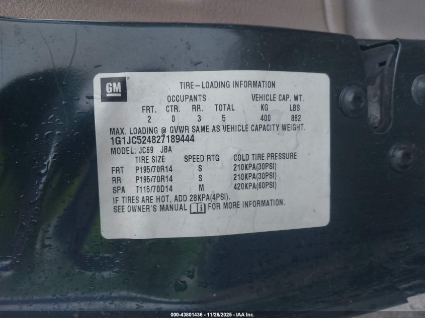 2002 Chevrolet Cavalier VIN: 1G1JC524827189444 Lot: 43801436