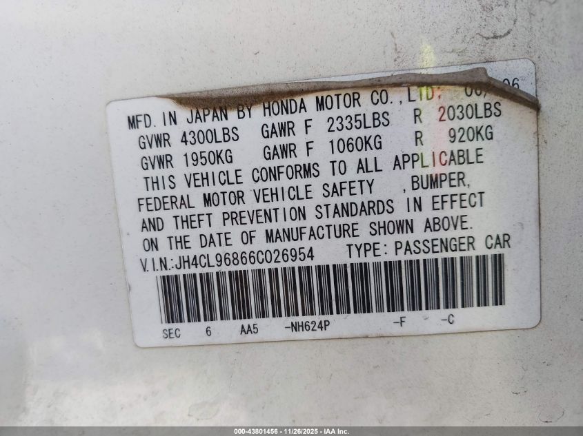 2006 Acura Tsx VIN: JH4CL96866C026954 Lot: 43801456