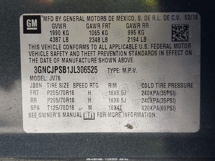 2018 Chevrolet Trax Lt VIN: 3GNCJPSB1JL306525 Lot: 43801468