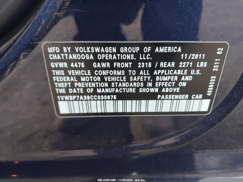2012 Volkswagen Passat 2.5L Se VIN: 1VWBP7A38CC030675 Lot: 43801469