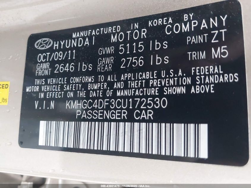 2012 Hyundai Genesis 4.6 VIN: KMHGC4DF3CU172530 Lot: 43801475