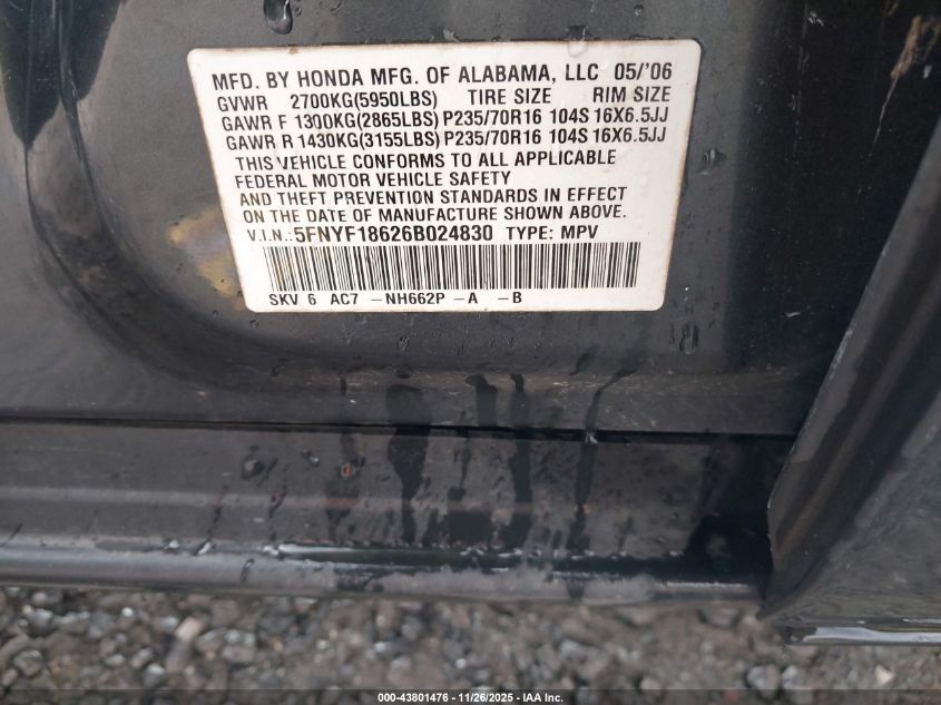 2006 Honda Pilot Ex-L VIN: 5FNYF18626B024830 Lot: 43801476