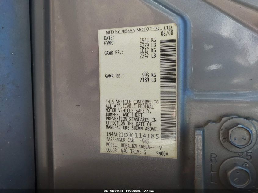 2009 Nissan Altima 2.5 S VIN: 1N4AL21EX9C114185 Lot: 43801478