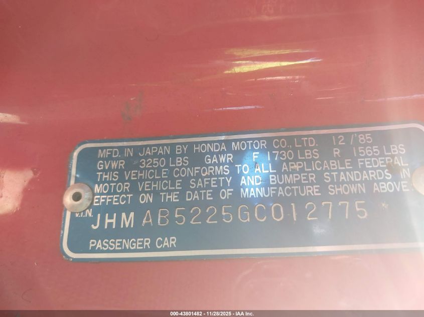 1986 Honda Prelude 1800 VIN: JHMAB5225GC012775 Lot: 43801482