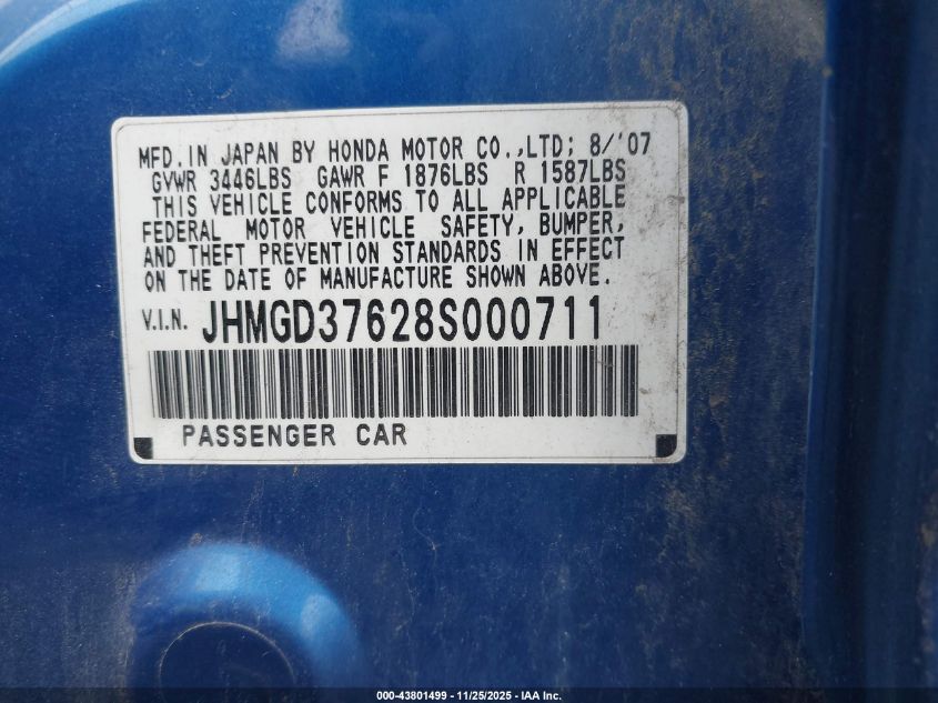 2008 Honda Fit Sport VIN: JHMGD37628S000711 Lot: 43801499