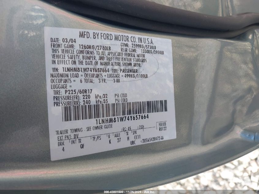 2004 Lincoln Town Car Signature VIN: 1LNHM81W74Y657664 Lot: 43801500