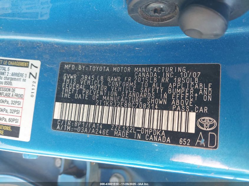 2008 Toyota Matrix VIN: 2T1KR32E88C708314 Lot: 43801510