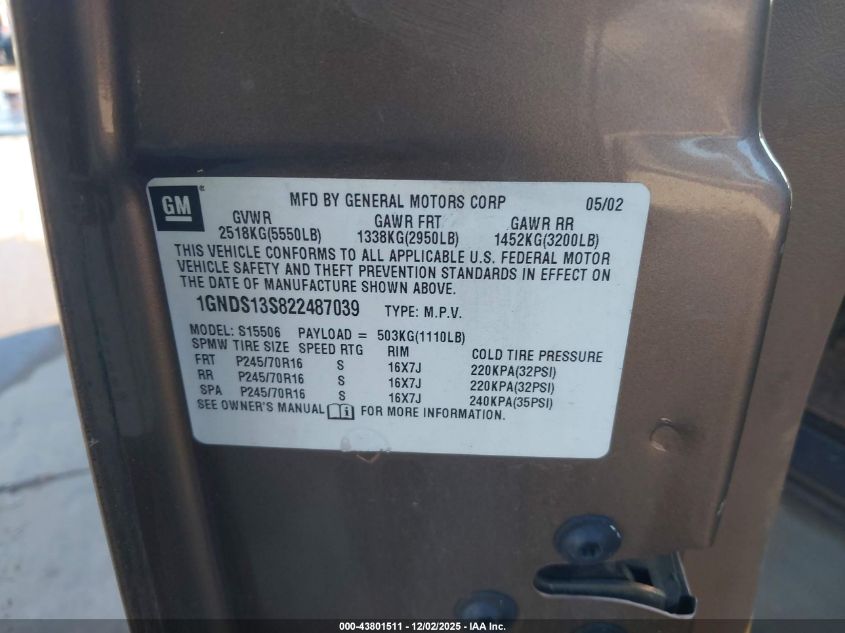 2002 Chevrolet Trailblazer Ls VIN: 1GNDS13S822487039 Lot: 43801511