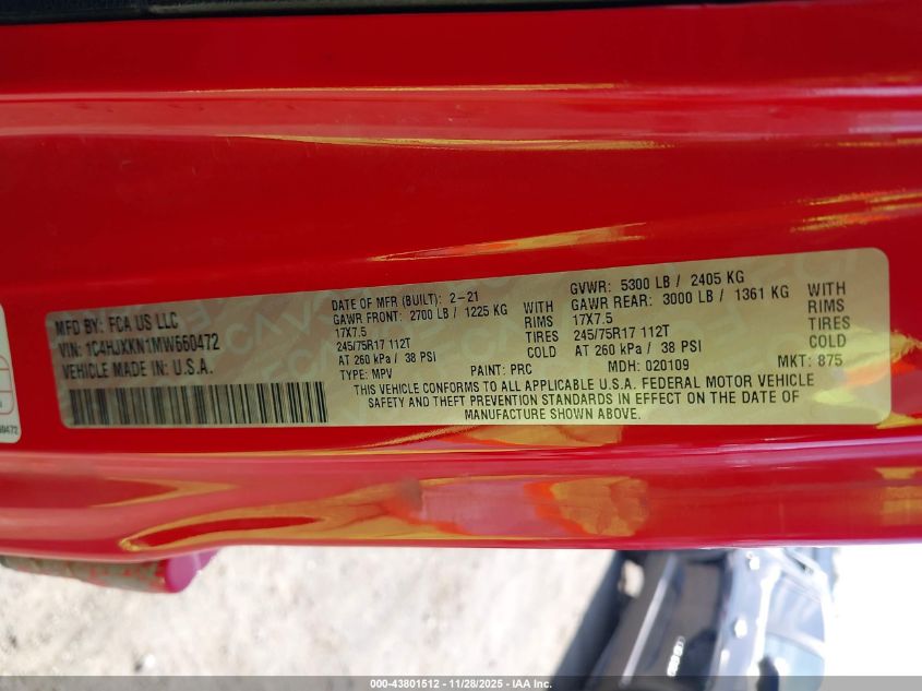 2021 Jeep Wrangler Unlimited Sport Rhd 4X4 VIN: 1C4HJXKN1MW660472 Lot: 43801512