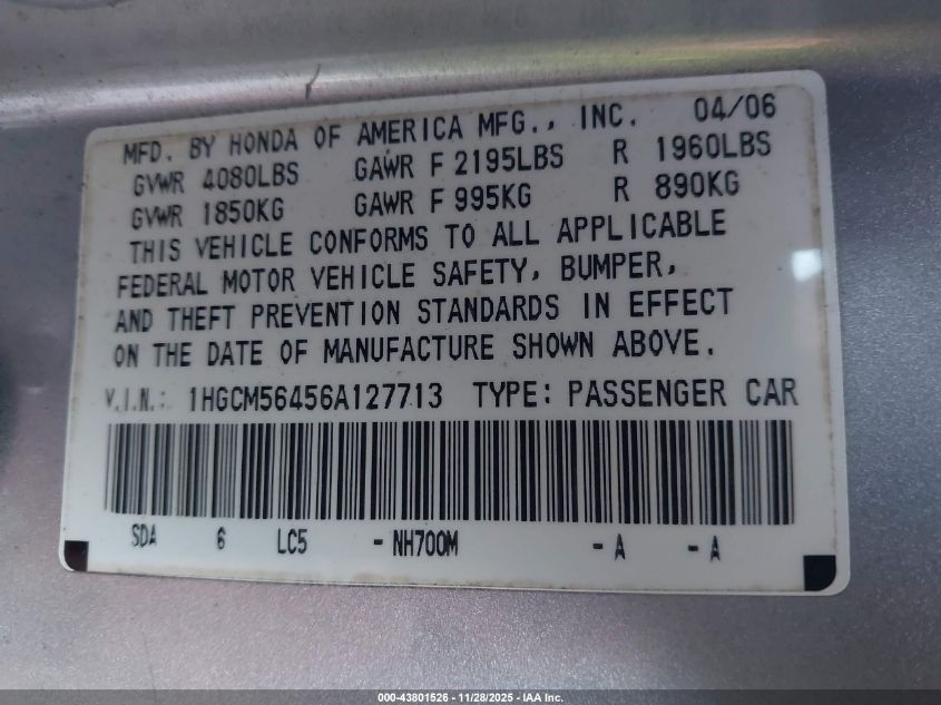 2006 Honda Accord 2.4 Lx VIN: 1HGCM56456A127713 Lot: 43801526