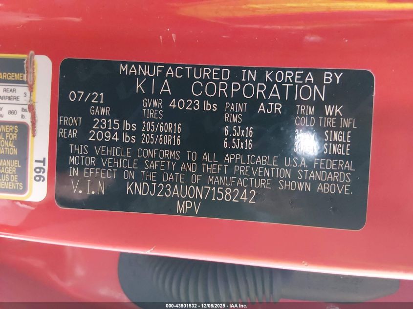 2022 Kia Soul Lx VIN: KNDJ23AU0N7158242 Lot: 43801532