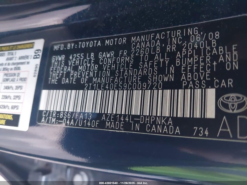 2009 Toyota Matrix S VIN: 2T1LE40E59C009720 Lot: 43801540