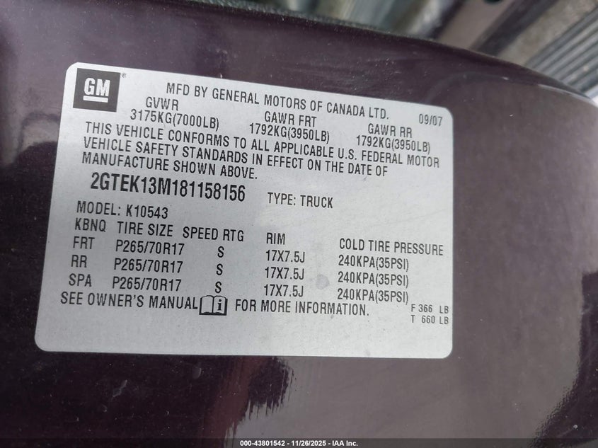 2008 GMC Sierra 1500 Sle1 VIN: 2GTEK13M181158156 Lot: 43801542