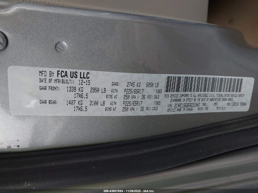 2016 Chrysler Town & Country Touring VIN: 2C4RC1BG8GR231047 Lot: 43801554