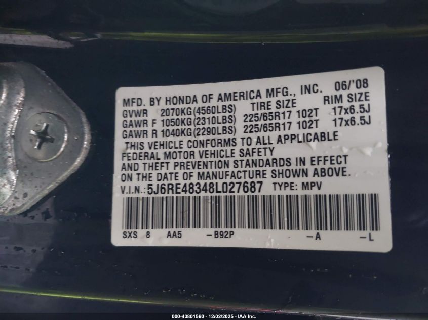 2008 Honda Cr-V Lx VIN: 5J6RE48348L027687 Lot: 43801560