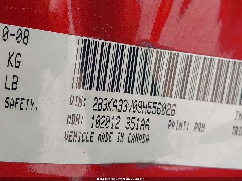 2009 Dodge Charger Sxt VIN: 2B3KA33V09H556026 Lot: 43801565