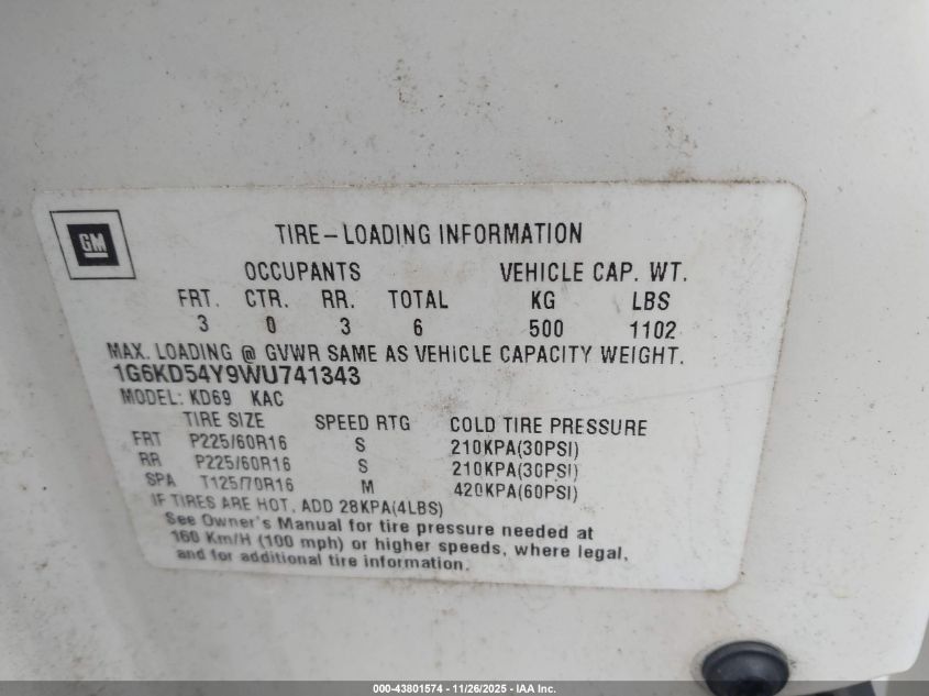 1998 Cadillac Deville Standard VIN: 1G6KD54Y9WU741343 Lot: 43801574