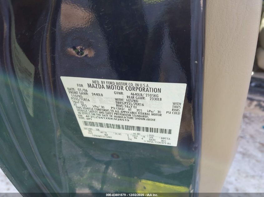 2006 Mazda Tribute S VIN: 4F2CZ941X6KM28519 Lot: 43801579