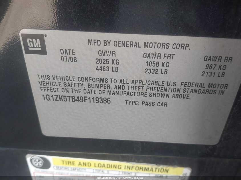 2009 Chevrolet Malibu Ltz VIN: 1G1ZK57B49F119386 Lot: 43801585