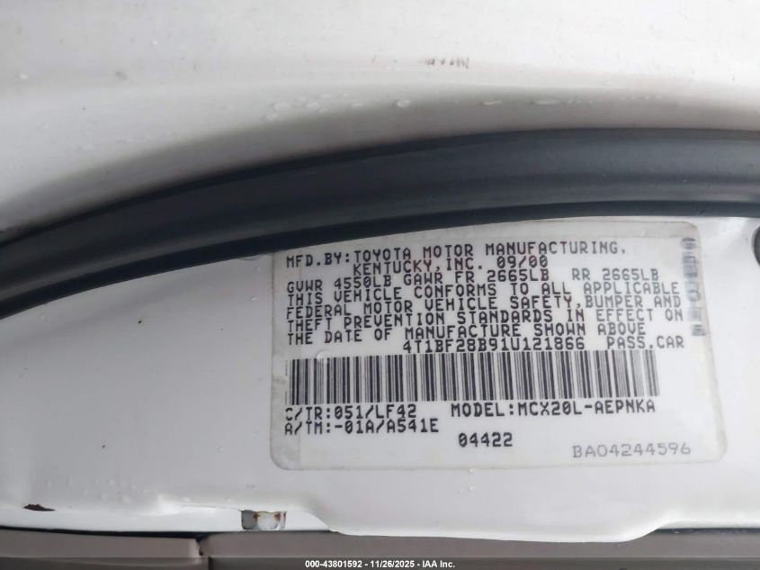 2001 Toyota Avalon Xl VIN: 4T1BF28B91U121866 Lot: 43801592