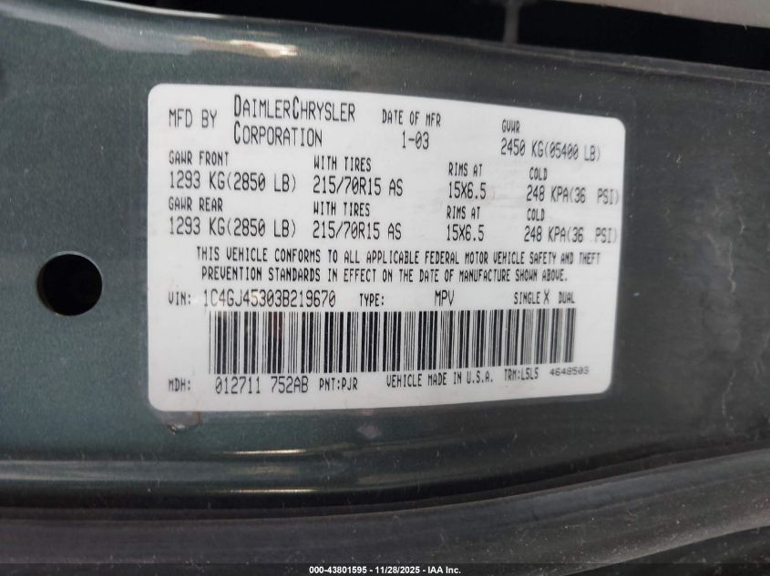 2003 Chrysler Voyager Lx VIN: 1C4GJ45303B219670 Lot: 43801595