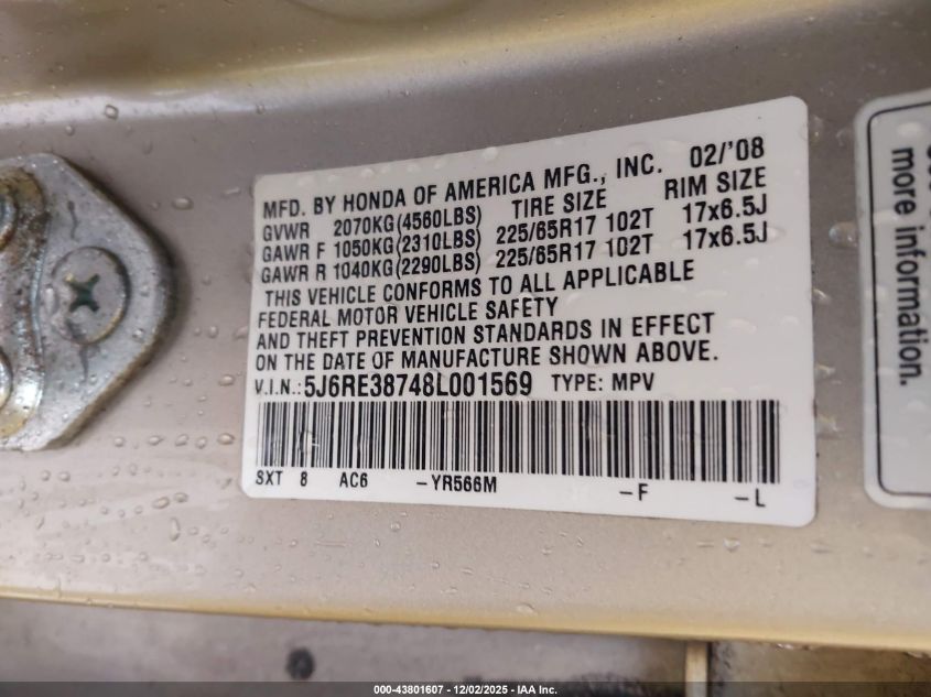 2008 Honda Cr-V Ex-L VIN: 5J6RE38748L001569 Lot: 43801607