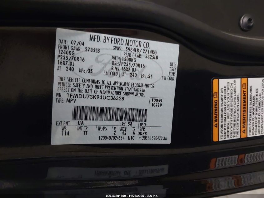 2004 Ford Explorer Nbx/Xlt VIN: 1FMDU73K94UC36328 Lot: 43801609