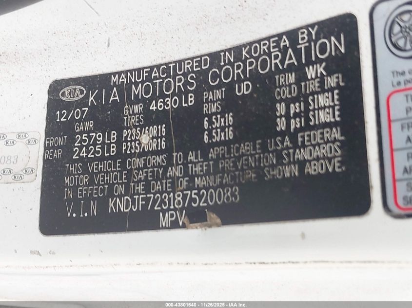 2008 Kia Sportage Ex V6 VIN: KNDJF723187520083 Lot: 43801640