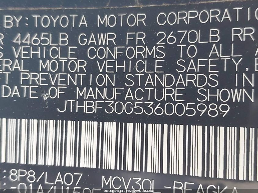 2003 Lexus Es 300 VIN: JTHBF30G536005989 Lot: 43801643