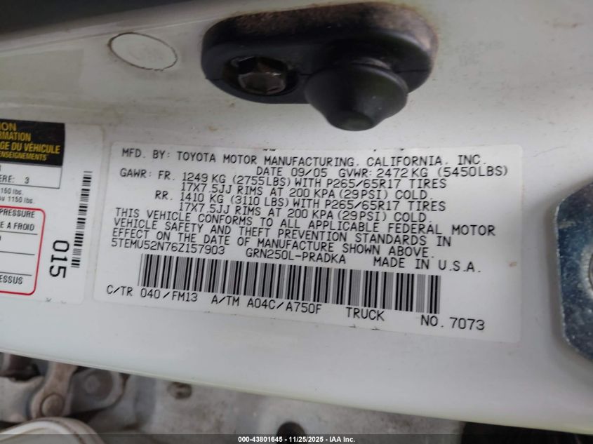 2006 Toyota Tacoma Base V6 VIN: 5TEMU52N76Z157903 Lot: 43801645