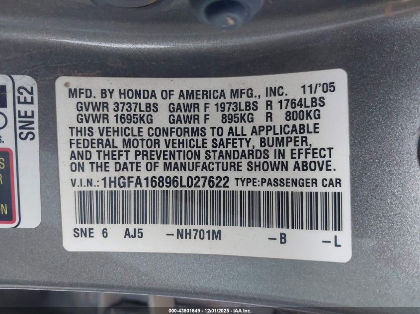 2006 Honda Civic Ex VIN: 1HGFA16896L027622 Lot: 43801649