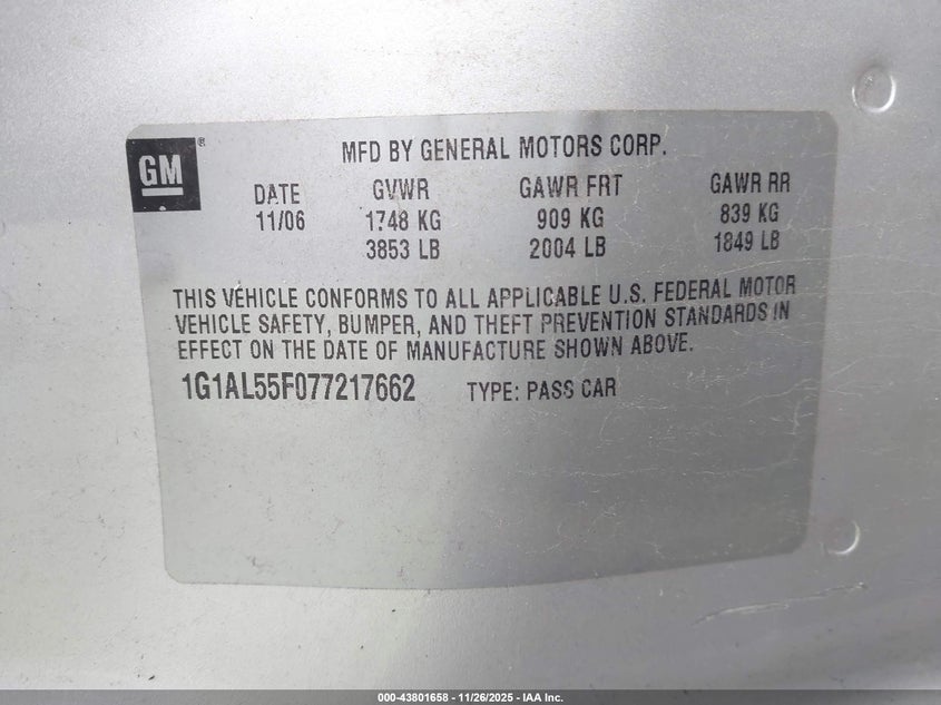 2007 Chevrolet Cobalt Lt VIN: 1G1AL55F077217662 Lot: 43801658