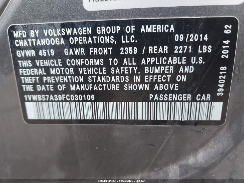 2015 Volkswagen Passat 1.8T Se VIN: 1VWBS7A39FC030106 Lot: 43801659