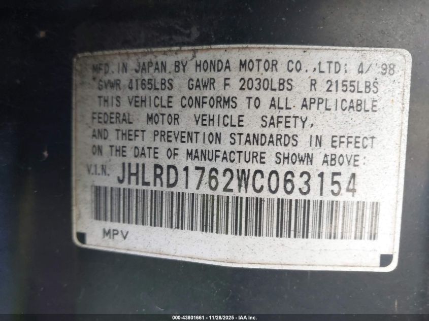 1998 Honda Cr-V Ex VIN: JHLRD1762WC063154 Lot: 43801661