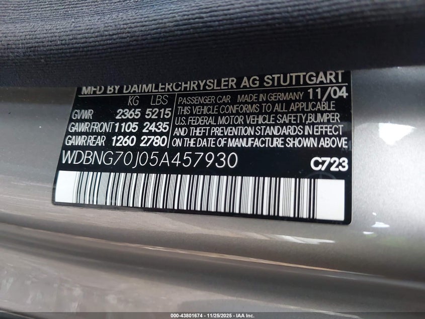 2005 Mercedes-Benz S 430 VIN: WDBNG70J05A457930 Lot: 43801674