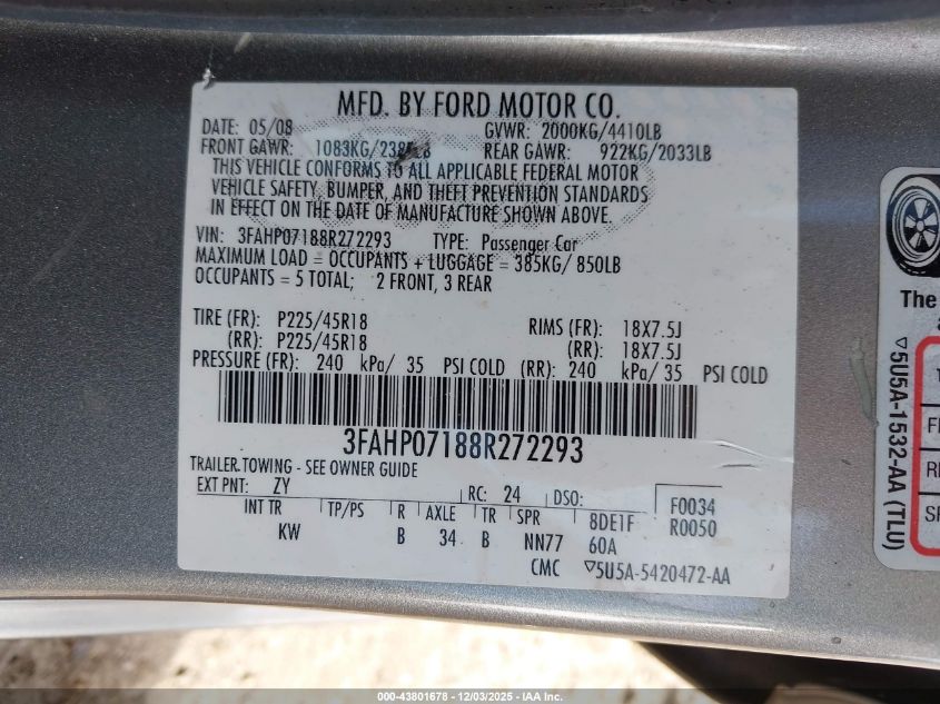 2008 Ford Fusion Se VIN: 3FAHP07188R272293 Lot: 43801678