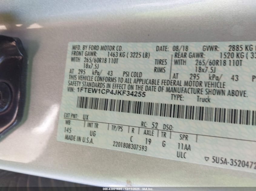 2018 Ford F-150 Xlt VIN: 1FTEW1CP4JKF34255 Lot: 43801685