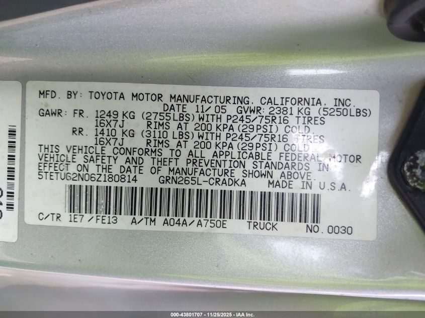 2006 Toyota Tacoma Prerunner V6 VIN: 5TETU62N06Z180814 Lot: 43801707