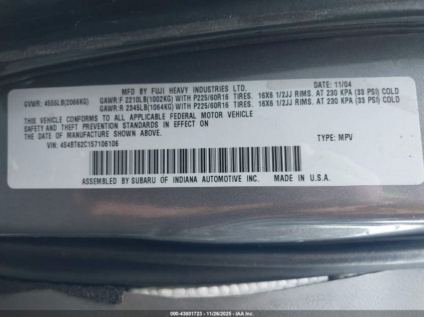 2005 Subaru Baja Sport VIN: 4S4BT62C157106106 Lot: 43801723