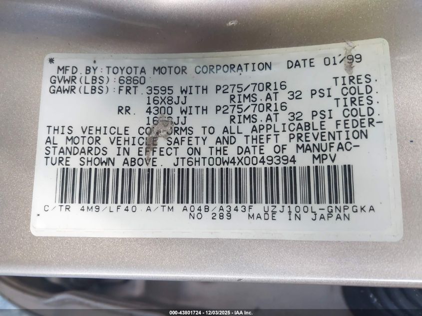 1999 Lexus Lx 470 VIN: JT6HT00W4X0049394 Lot: 43801724