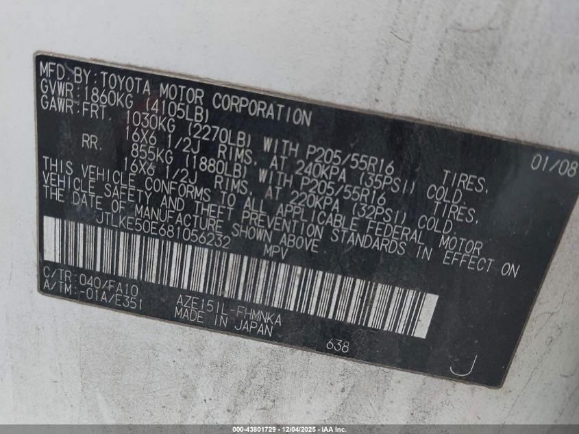 2008 Scion Xb VIN: JTLKE50E681056232 Lot: 43801729