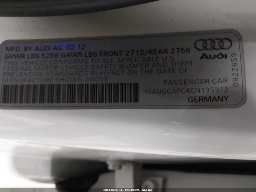 2012 Audi A6 3.0 Premium VIN: WAUGGAFC4CN135312 Lot: 43801734
