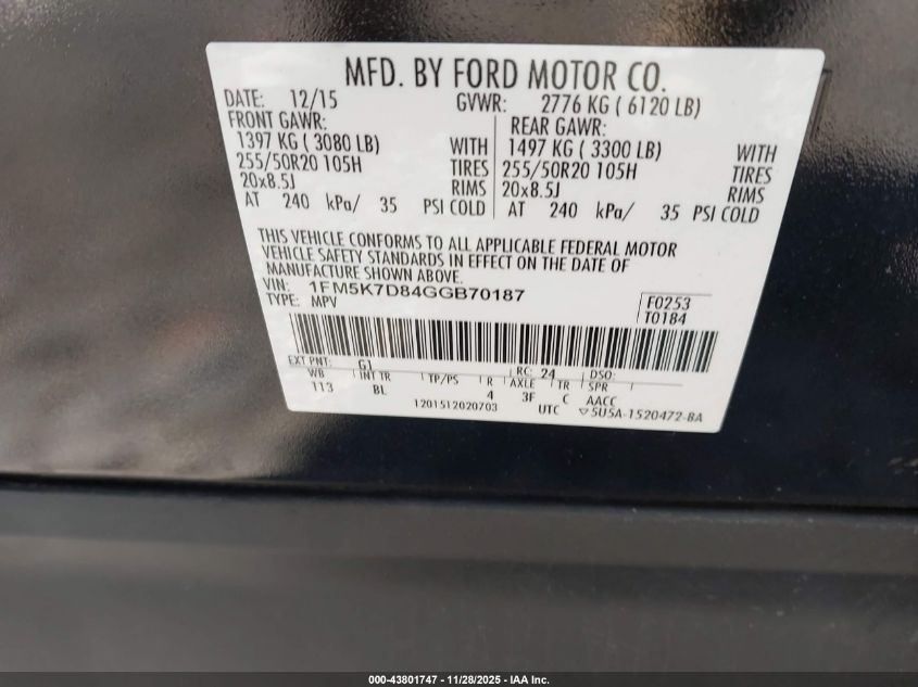 2016 Ford Explorer Xlt VIN: 1FM5K7D84GGB70187 Lot: 43801747