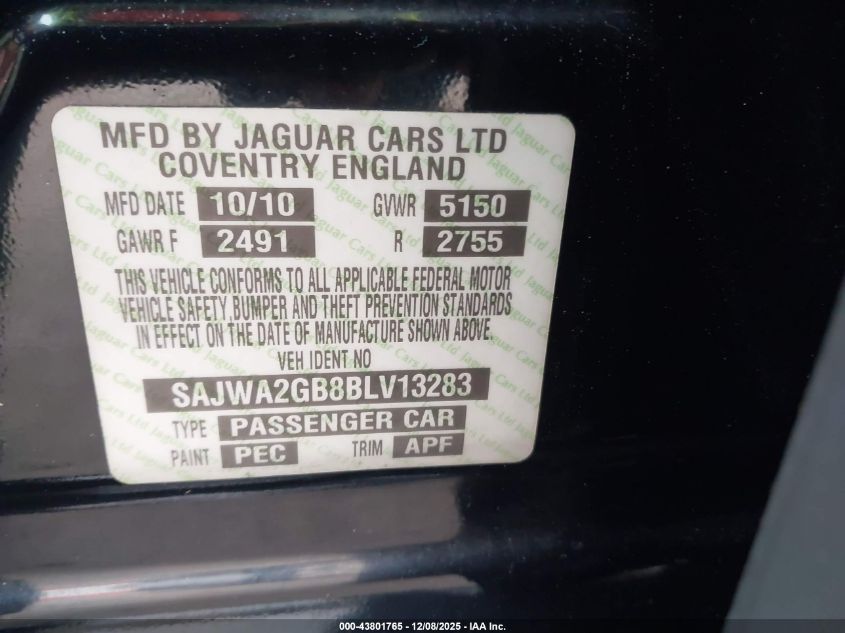 2011 Jaguar Xj Xjl VIN: SAJWA2GB8BLV13283 Lot: 43801765