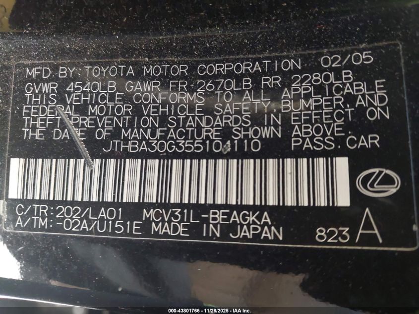 2005 Lexus Es 330 VIN: JTHBA30G355104110 Lot: 43801766