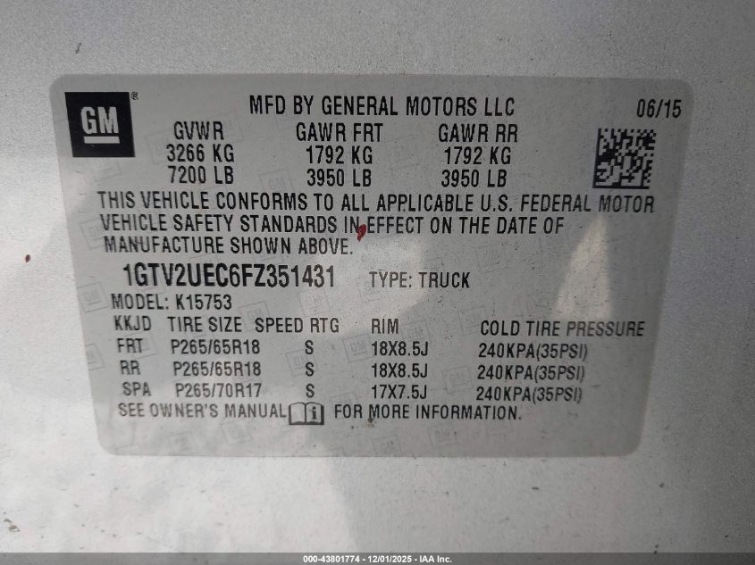 2015 GMC Sierra 1500 Sle VIN: 1GTV2UEC6FZ351431 Lot: 43801774