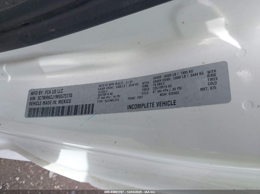 2021 Ram 4500 Chassis Cab Tradesman VIN: 3C7WRKCJ1MG573770 Lot: 43801787