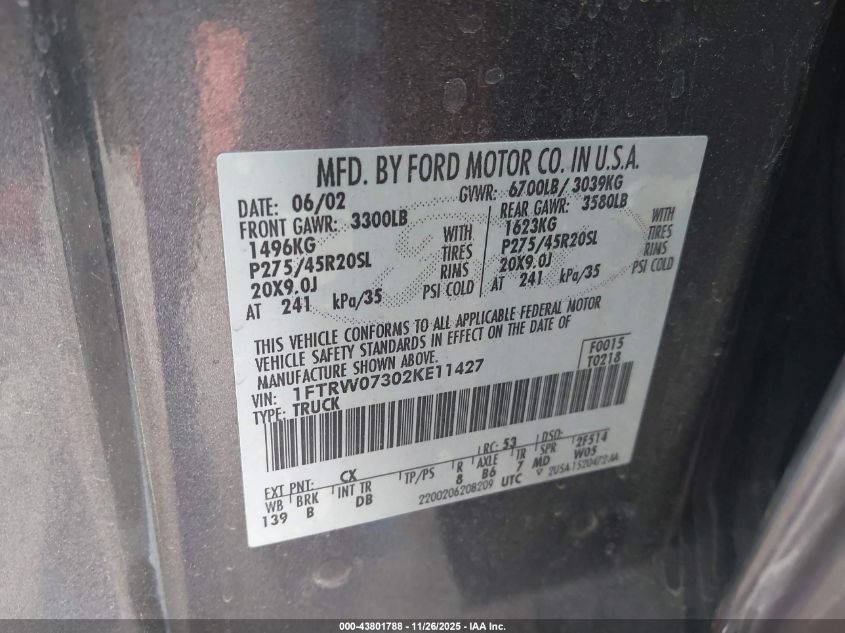 2002 Ford F-150 Lariat VIN: 1FTRW07302KE11427 Lot: 43801788